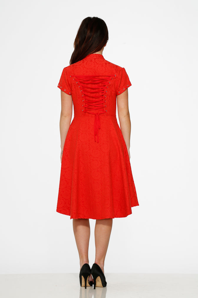  Red Jacquard Battalion Swing Dress
