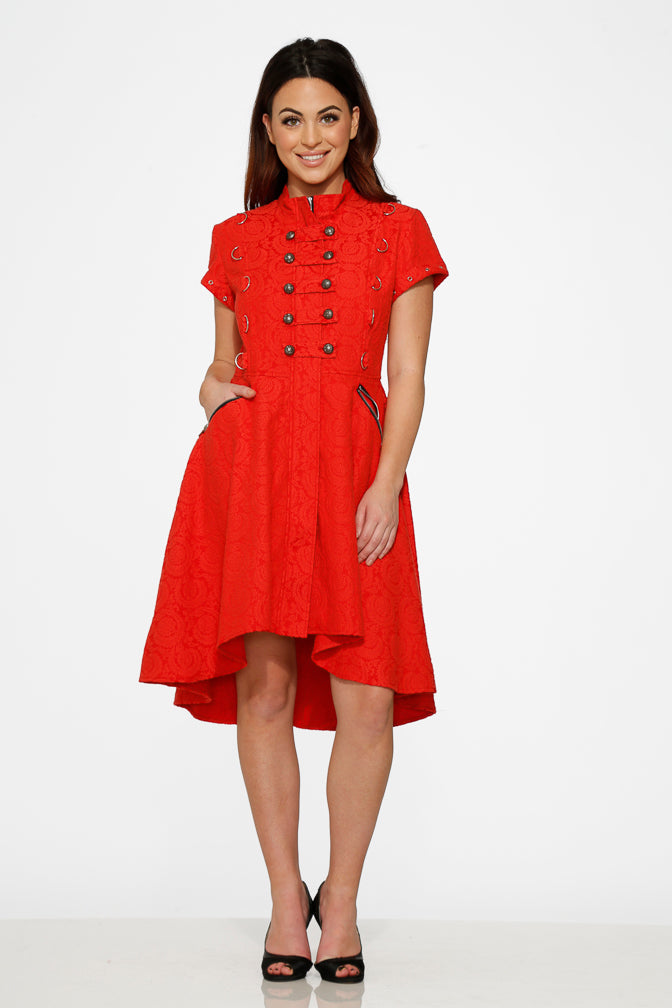  Red Jacquard Battalion Swing Dress