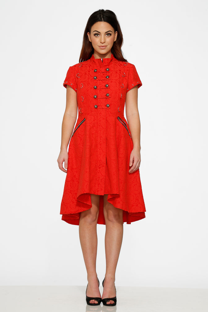  Red Jacquard Battalion Swing Dress