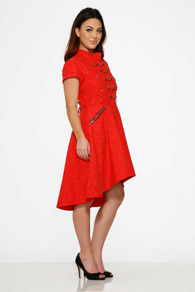  Red Jacquard Battalion Swing Dress