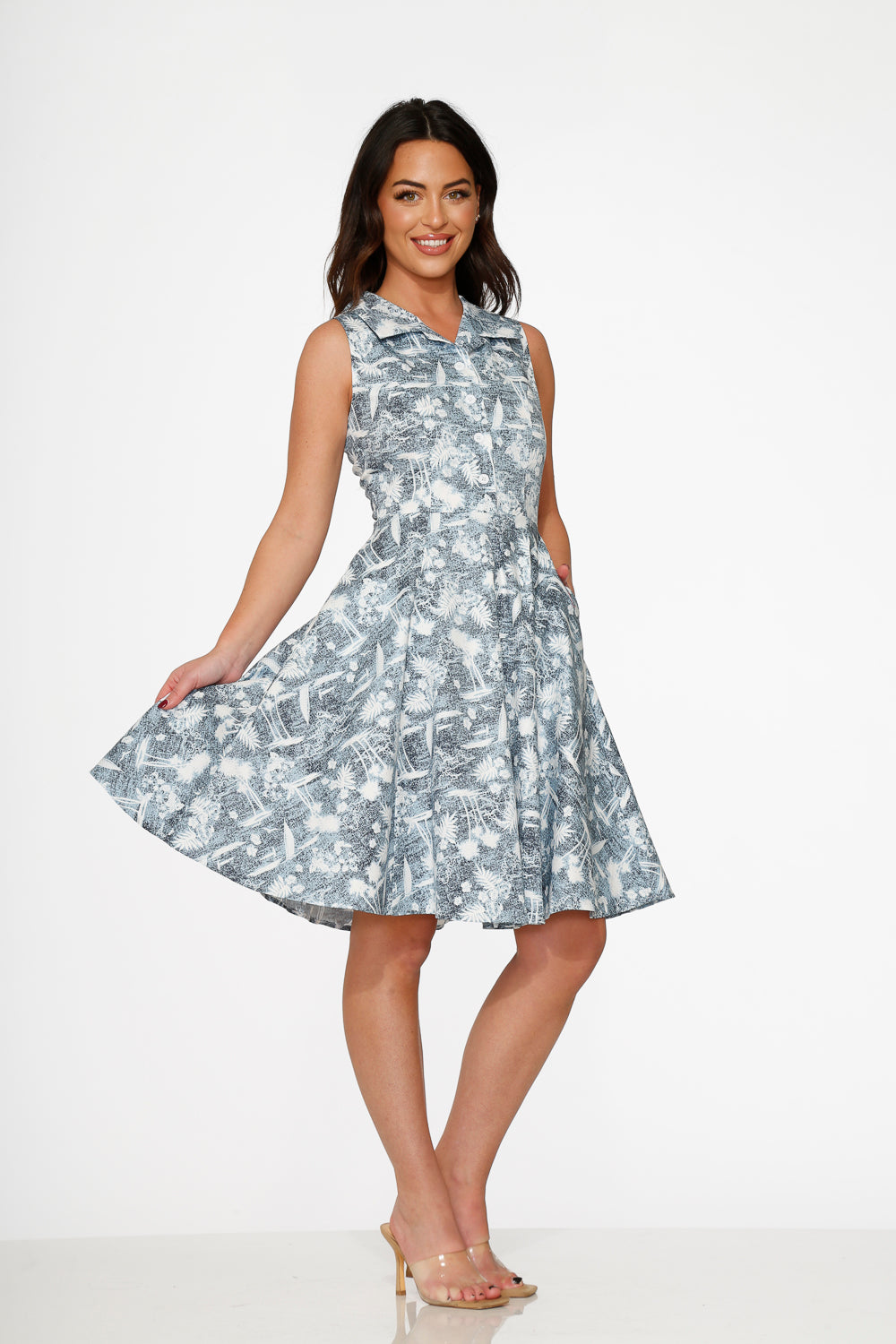  Blue Hawaiian Palm Tree Print Swing Dress