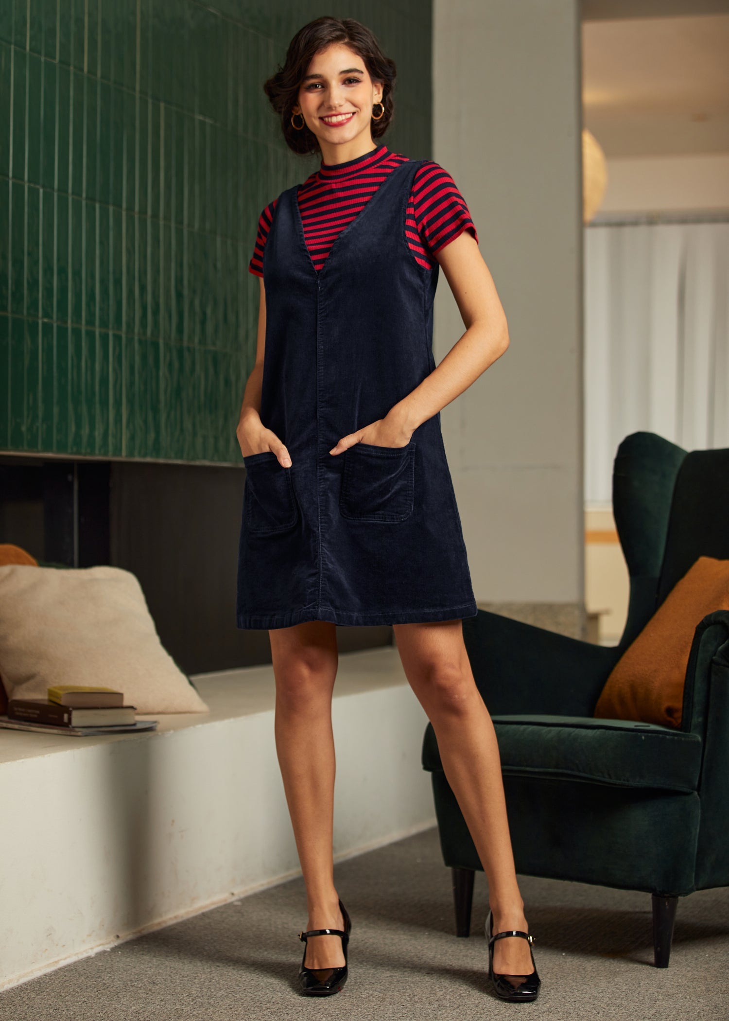  Retro Radiance V-Neck Corduroy Dress