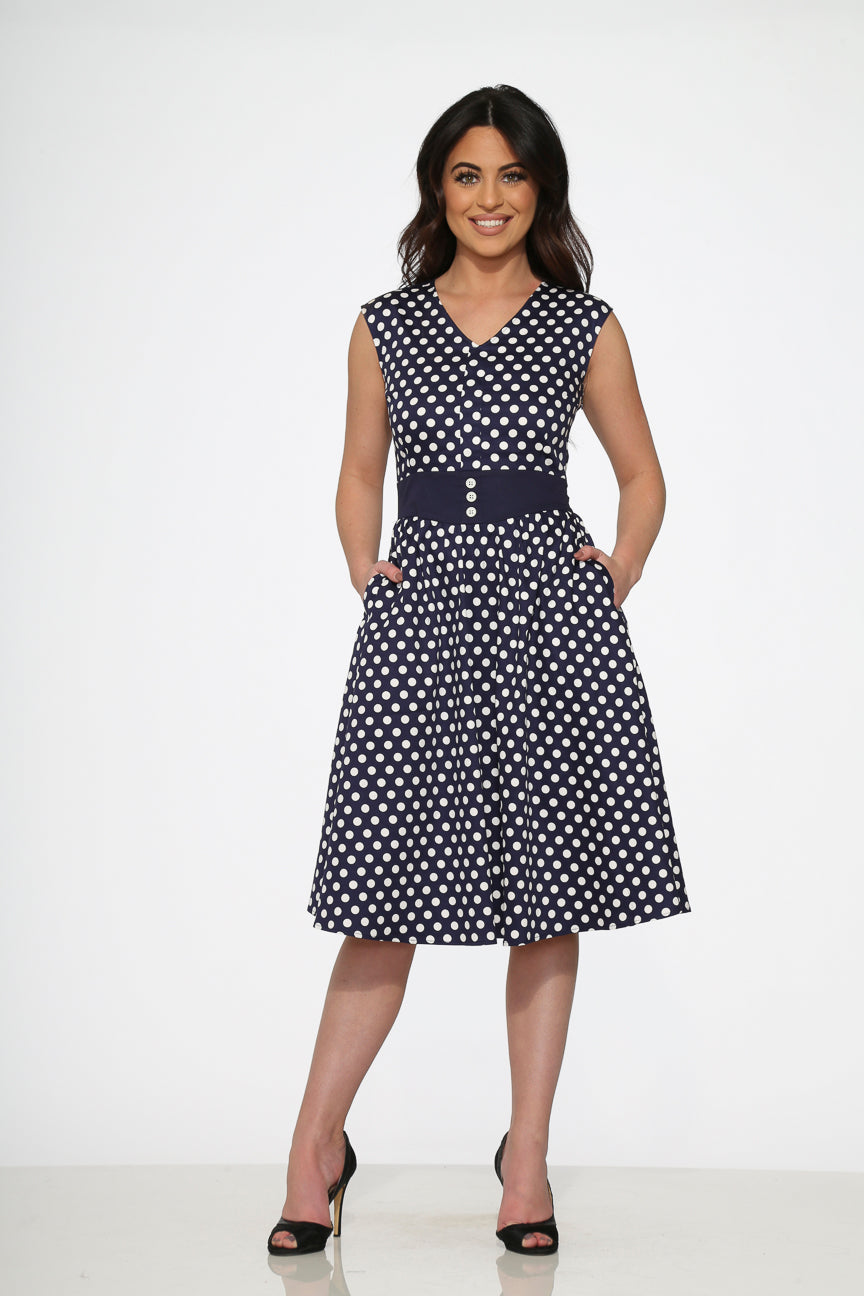  Navy Blue White Polka Dot Swing Dress