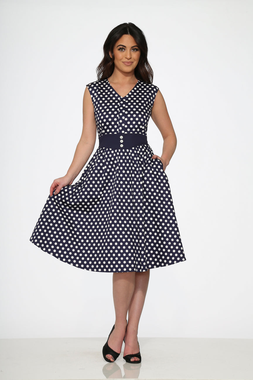  Navy Blue White Polka Dot Swing Dress