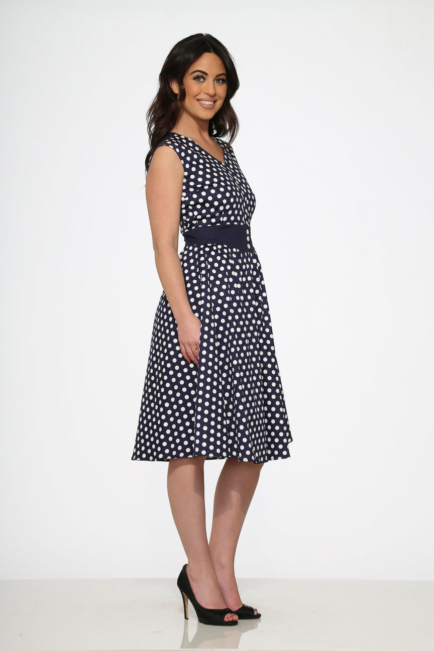  Navy Blue White Polka Dot Swing Dress