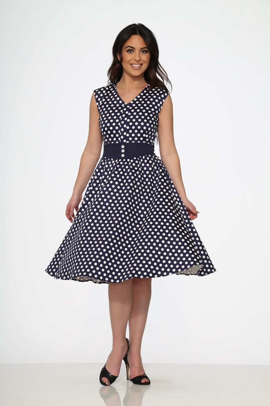  Navy Blue White Polka Dot Swing Dress