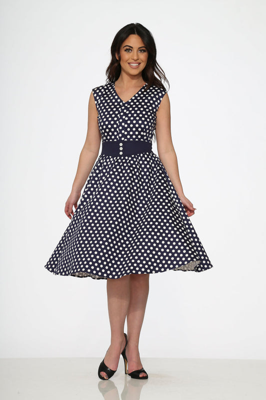  Navy Blue White Polka Dot Swing Dress