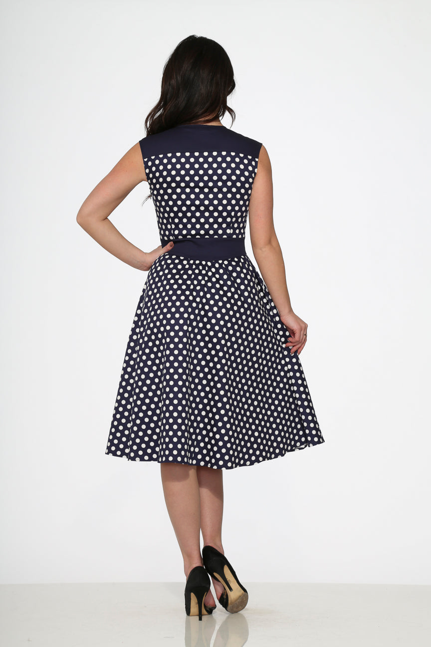  Navy Blue White Polka Dot Swing Dress