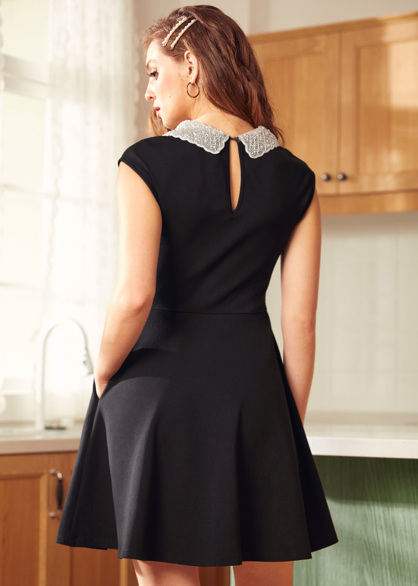 Vinyl Vibes Jeweled Collar Fit & Flare Dress