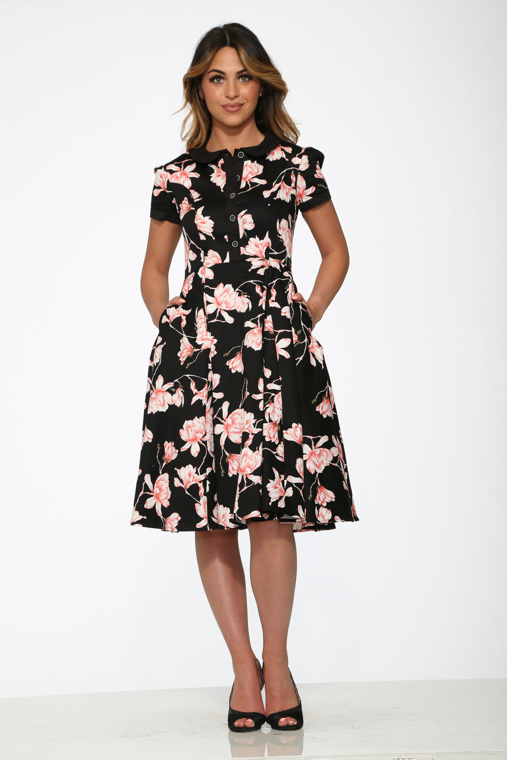  Black & Pink Floral Swing Dress