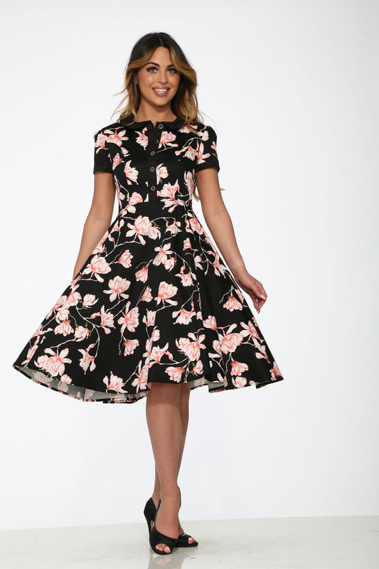  Black & Pink Floral Swing Dress