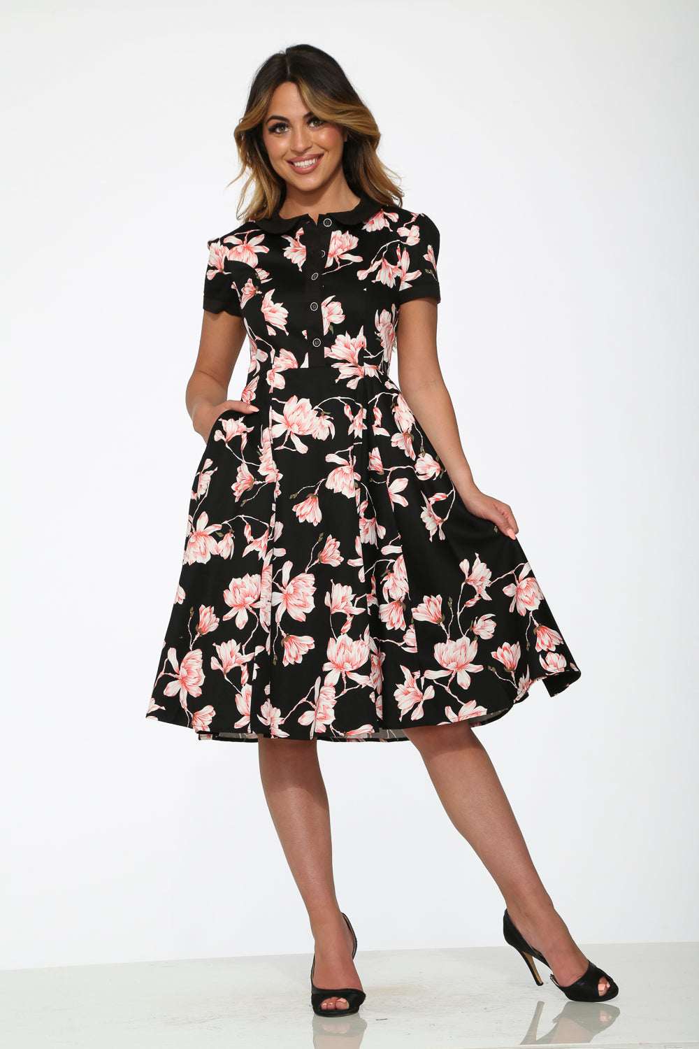  Black & Pink Floral Swing Dress