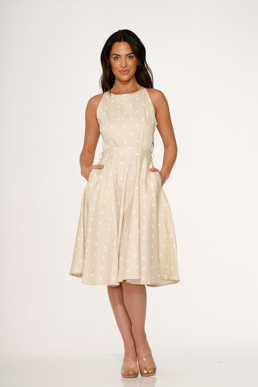  Beige & White Polka Dot Swing Dress