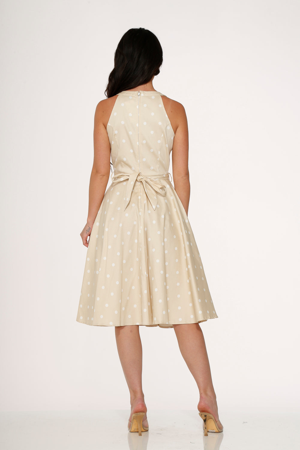  Beige & White Polka Dot Swing Dress