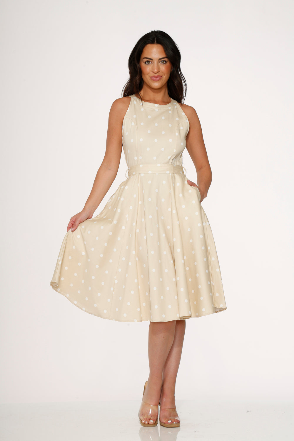  Beige & White Polka Dot Swing Dress