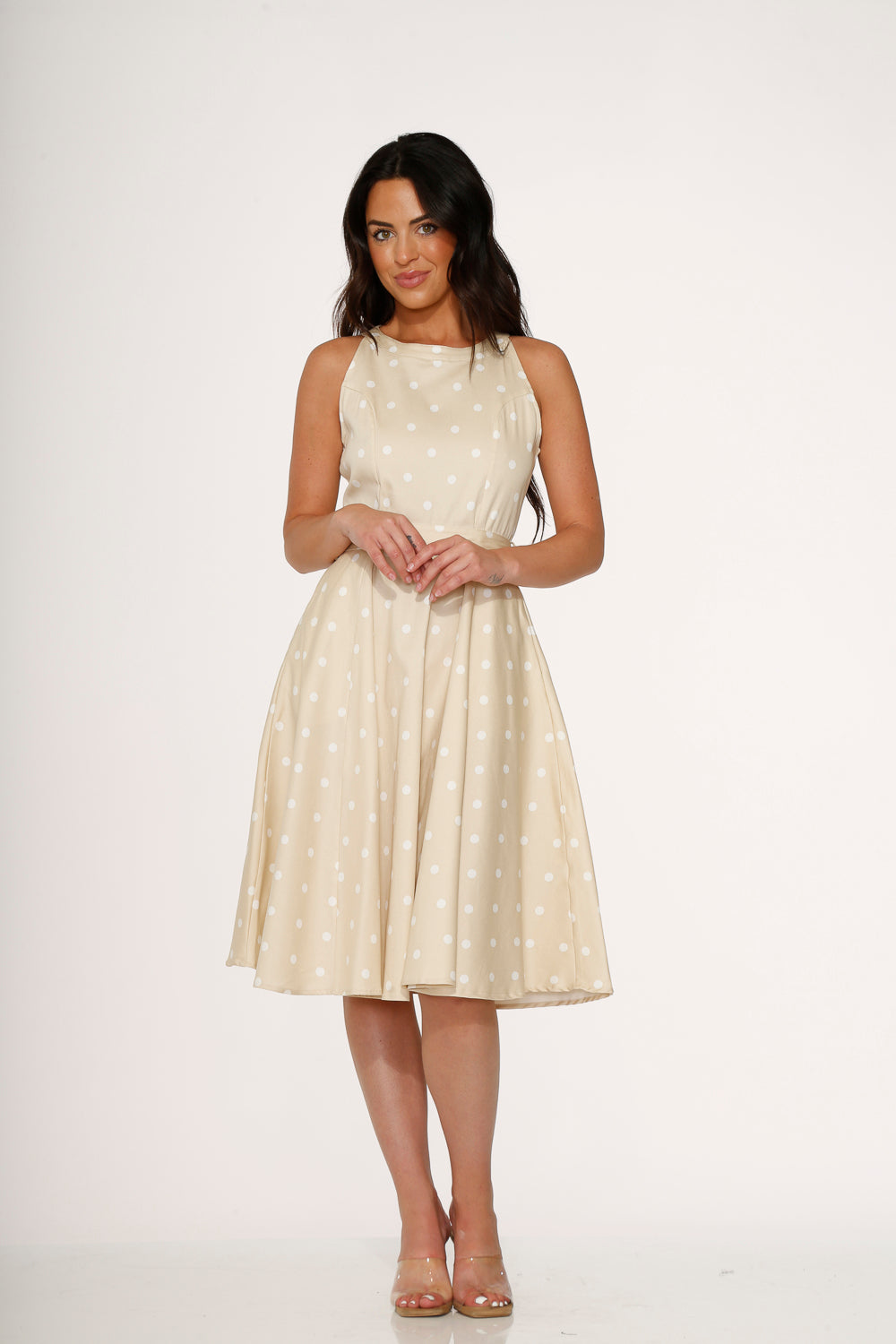  Beige & White Polka Dot Swing Dress