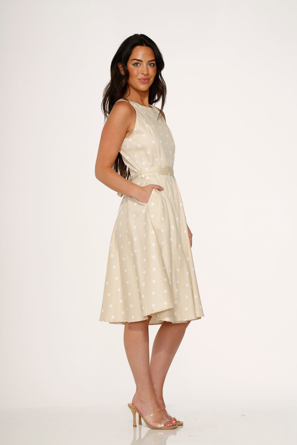  Beige & White Polka Dot Swing Dress