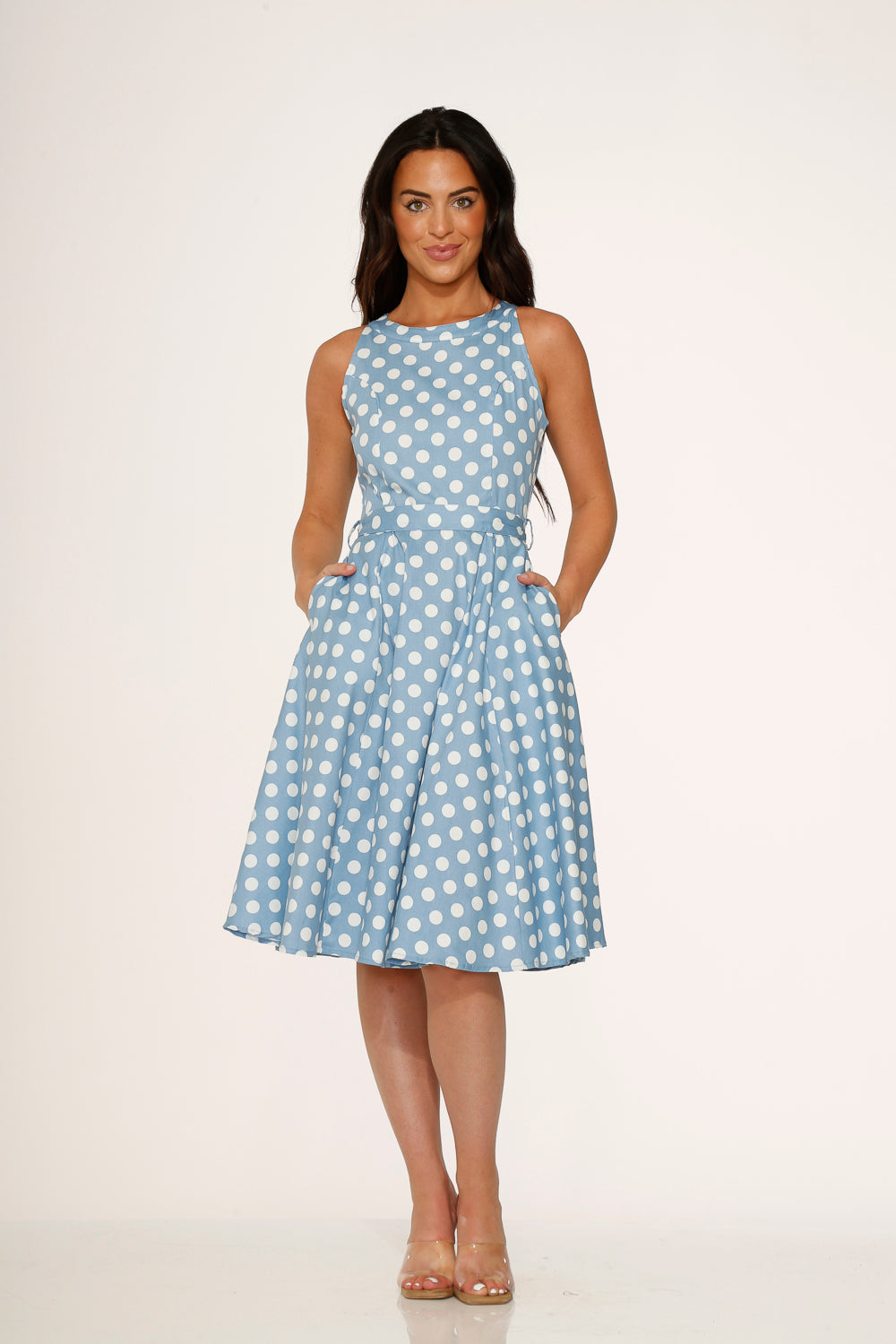  Light Blue White Polka Dot Swing Dress