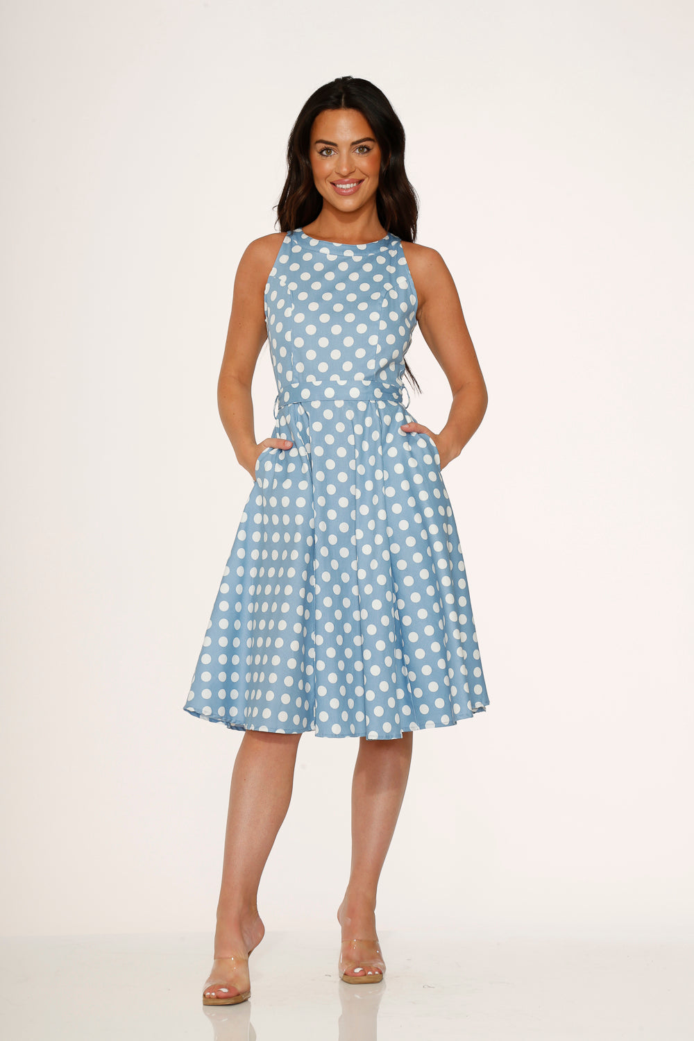  Light Blue White Polka Dot Swing Dress