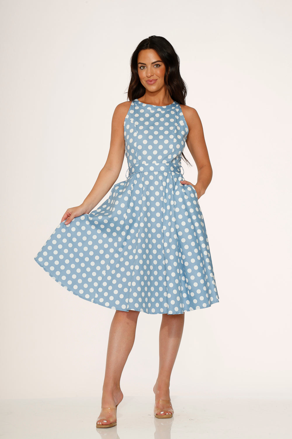  Light Blue White Polka Dot Swing Dress