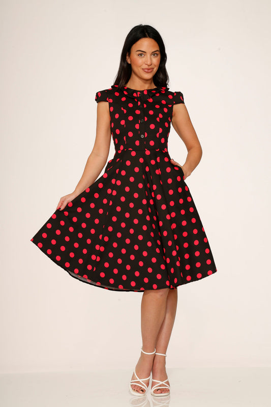  Black & Pink Polka Dot Swing Dress