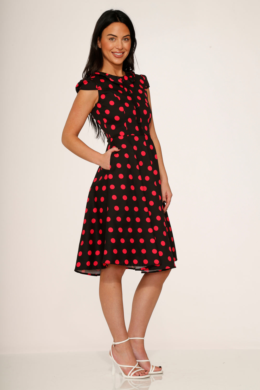  Black & Pink Polka Dot Swing Dress