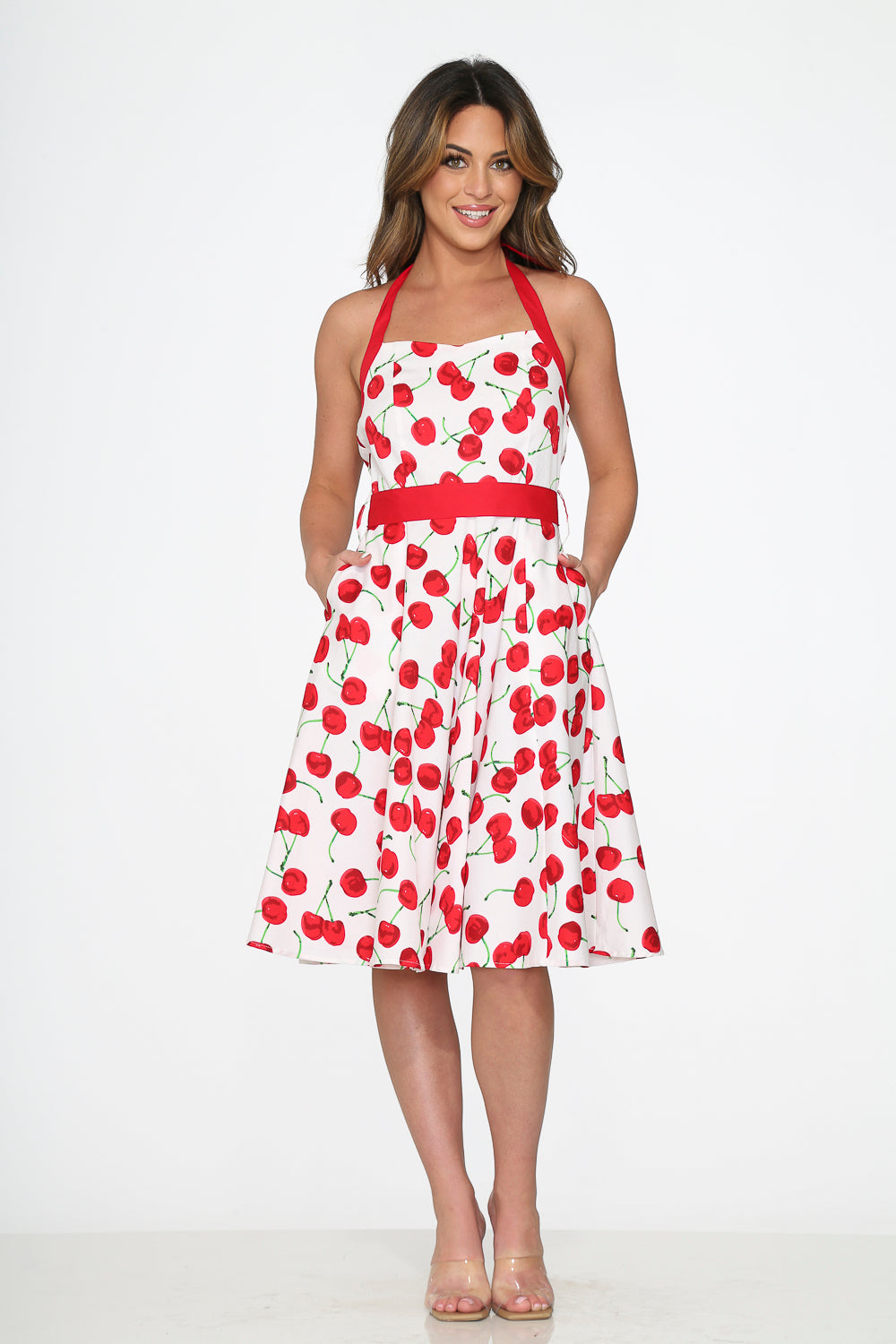  White Red Cherry Halter Swing Dress