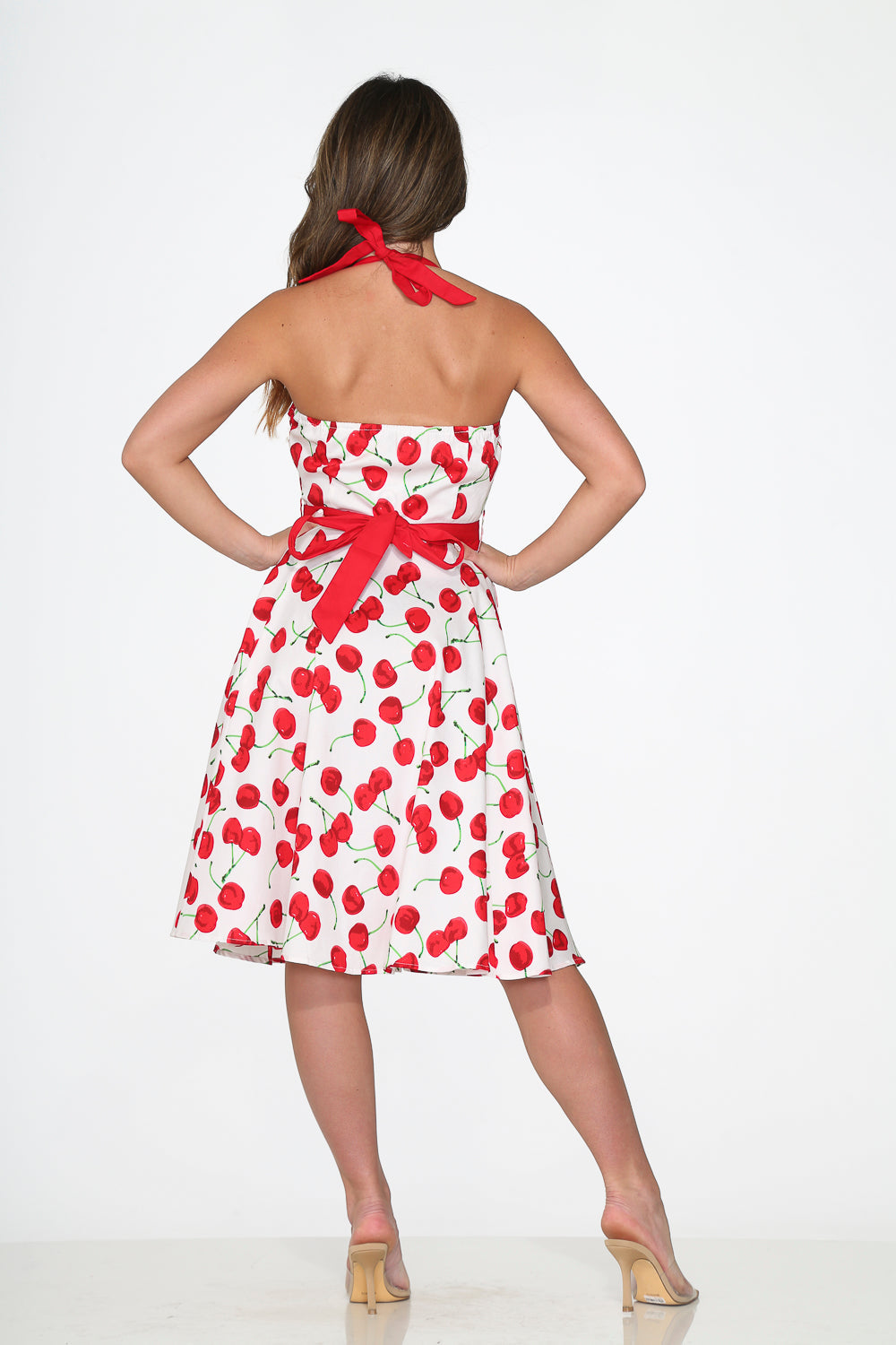  White Red Cherry Halter Swing Dress