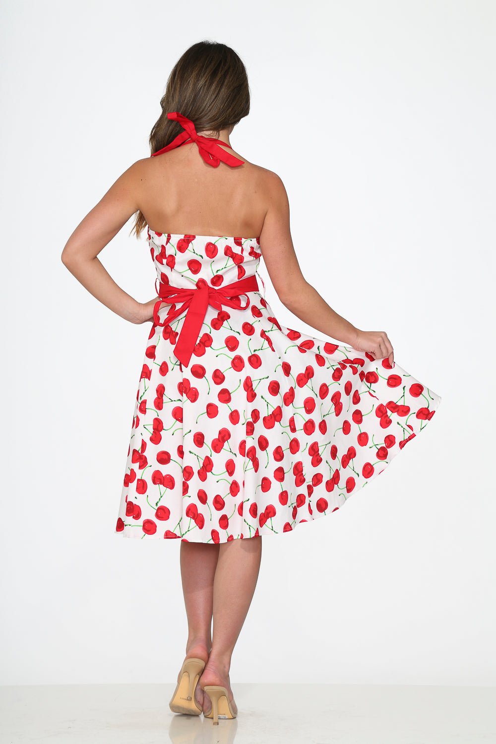  White Red Cherry Halter Swing Dress