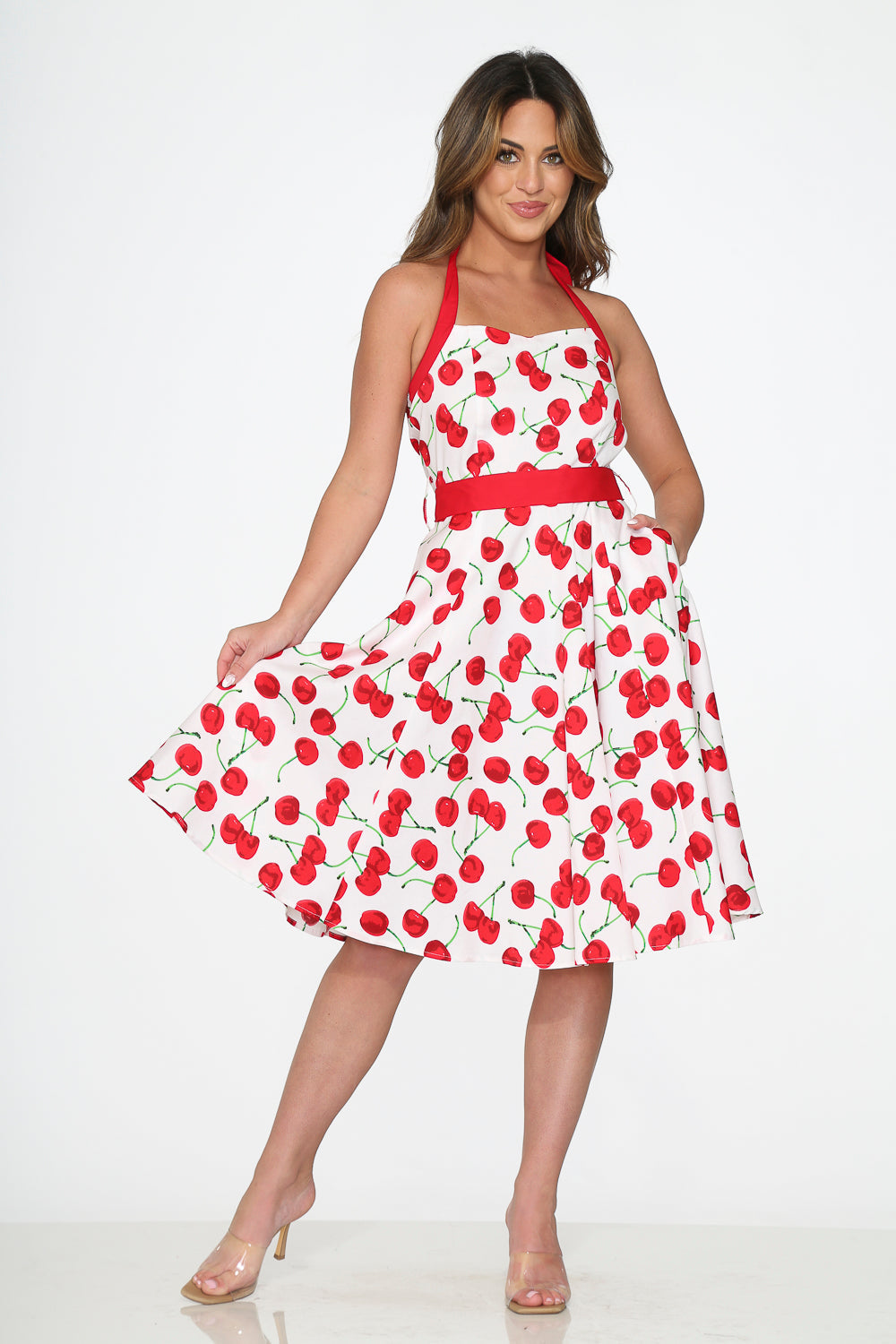  White Red Cherry Halter Swing Dress