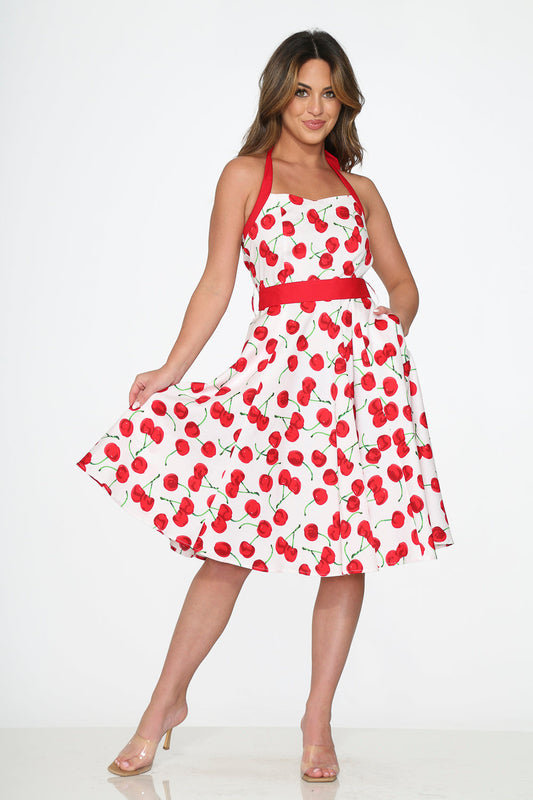 White Red Cherry Halter Swing Dress