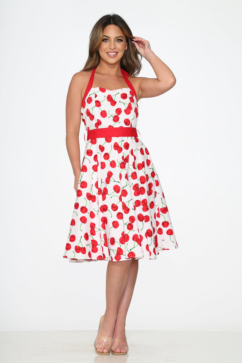  White Red Cherry Halter Swing Dress