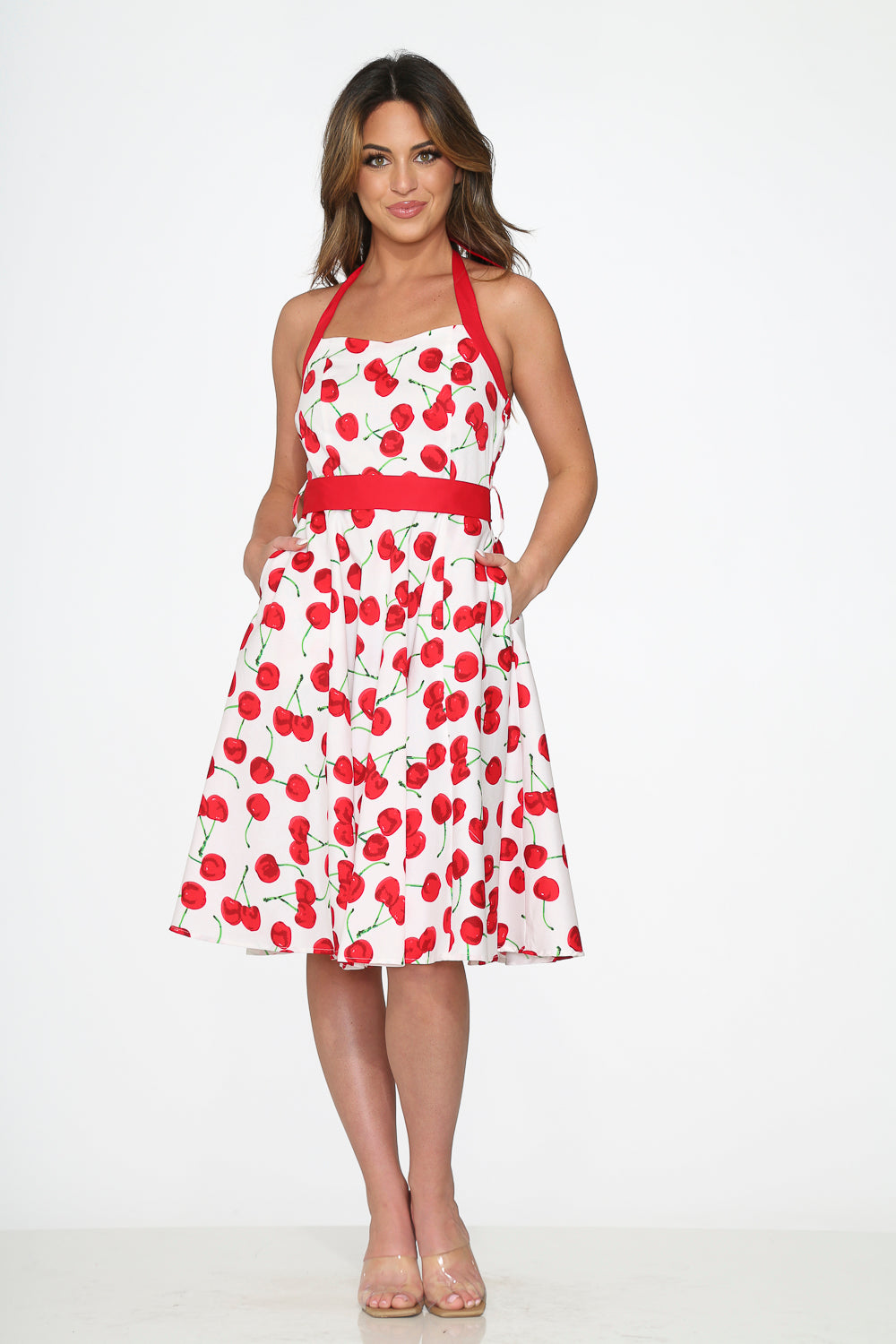  White Red Cherry Halter Swing Dress