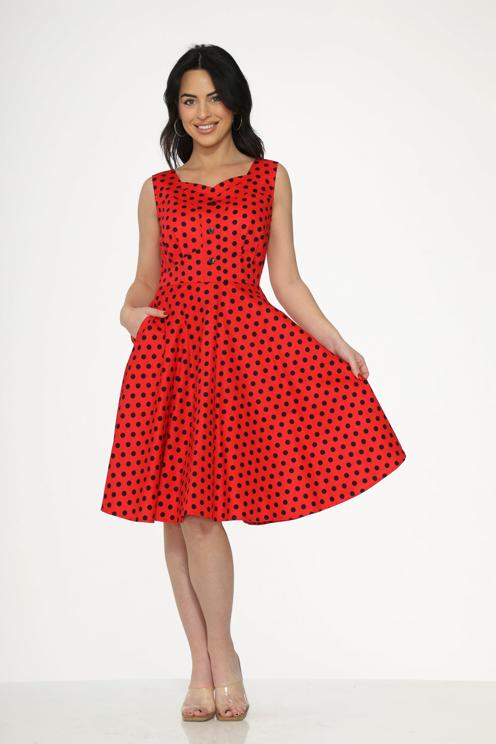  Red Black Polka Dot Swing Dress