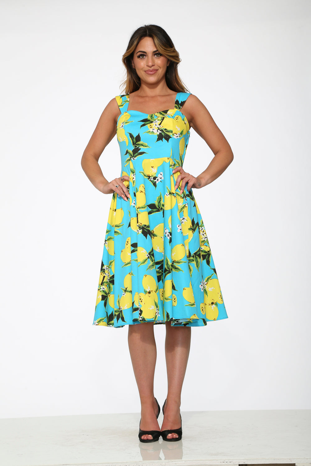  Lemon Print Swing Dress