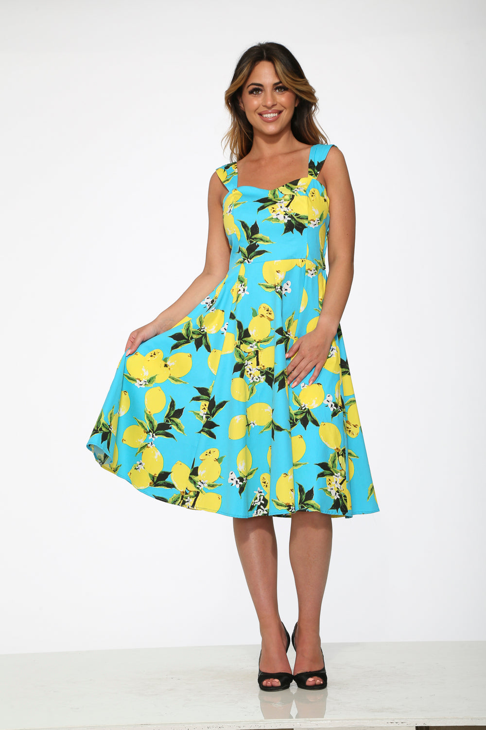 Lemon Print Swing Dress