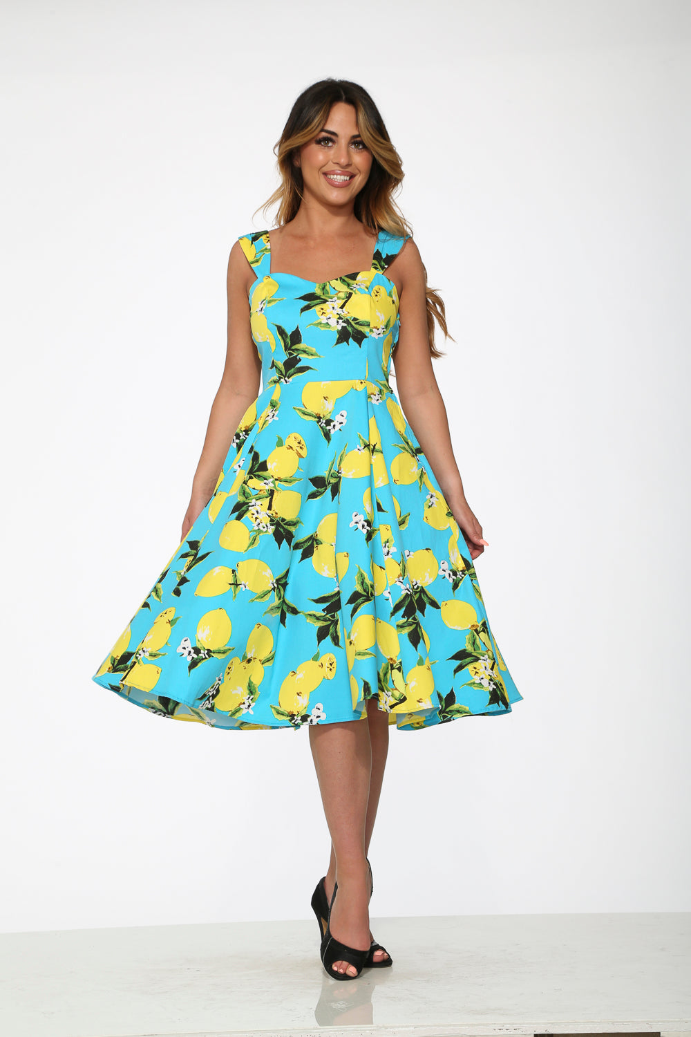  Lemon Print Swing Dress