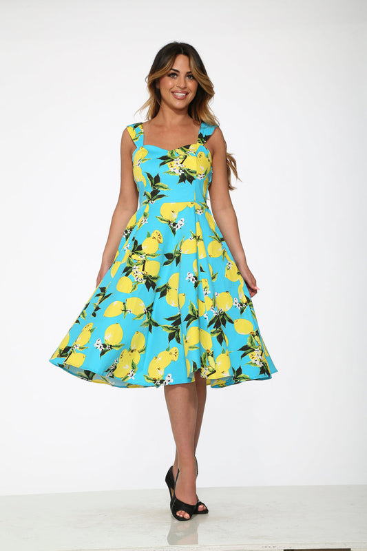  Lemon Print Swing Dress
