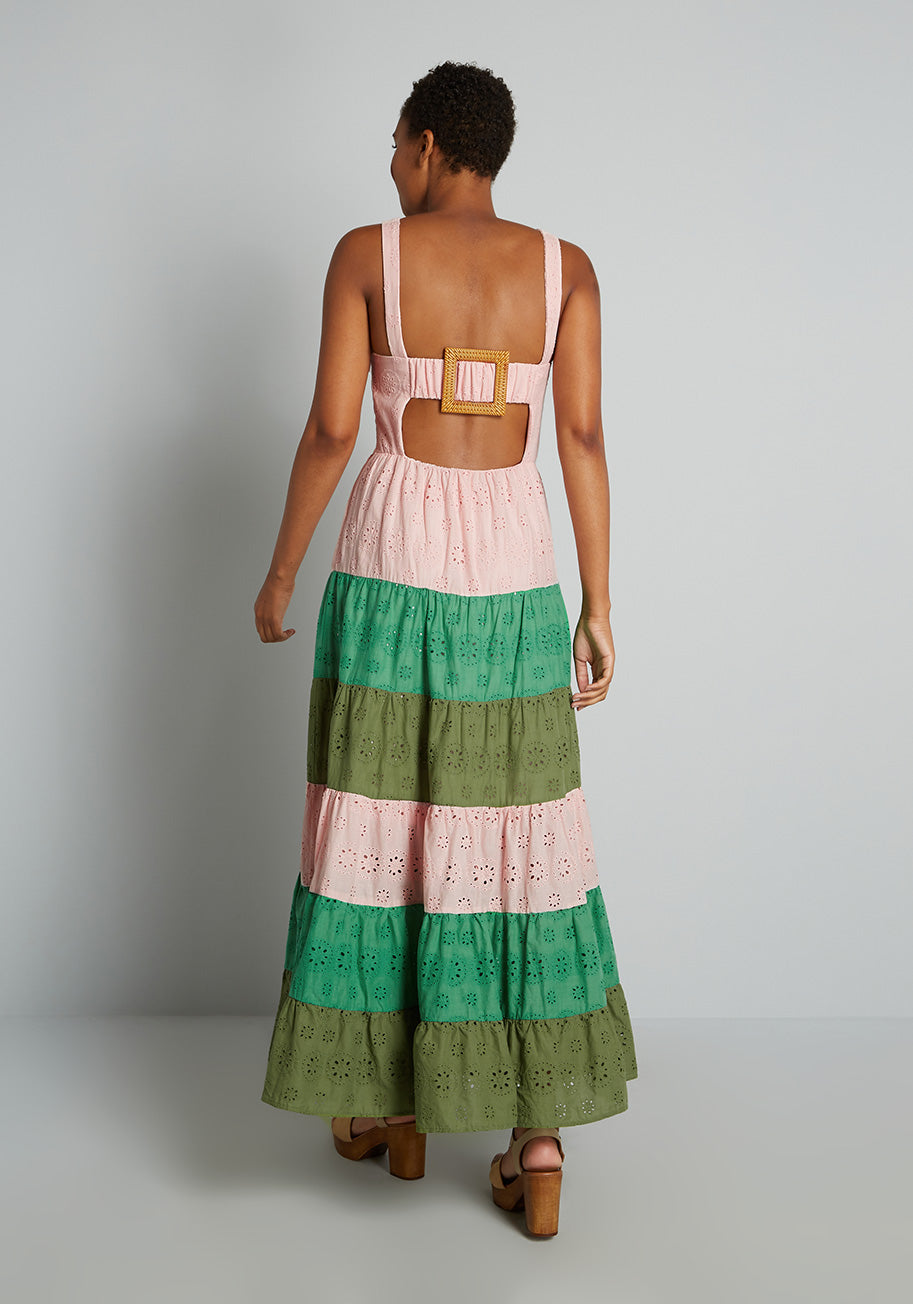  Blocked In Eyelet Tiered Maxi Dress