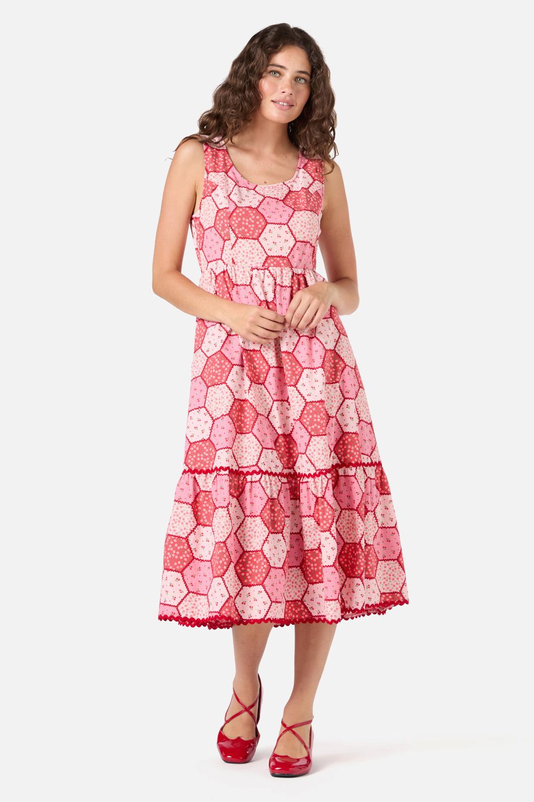  Patchwork Tiered Midi Dress