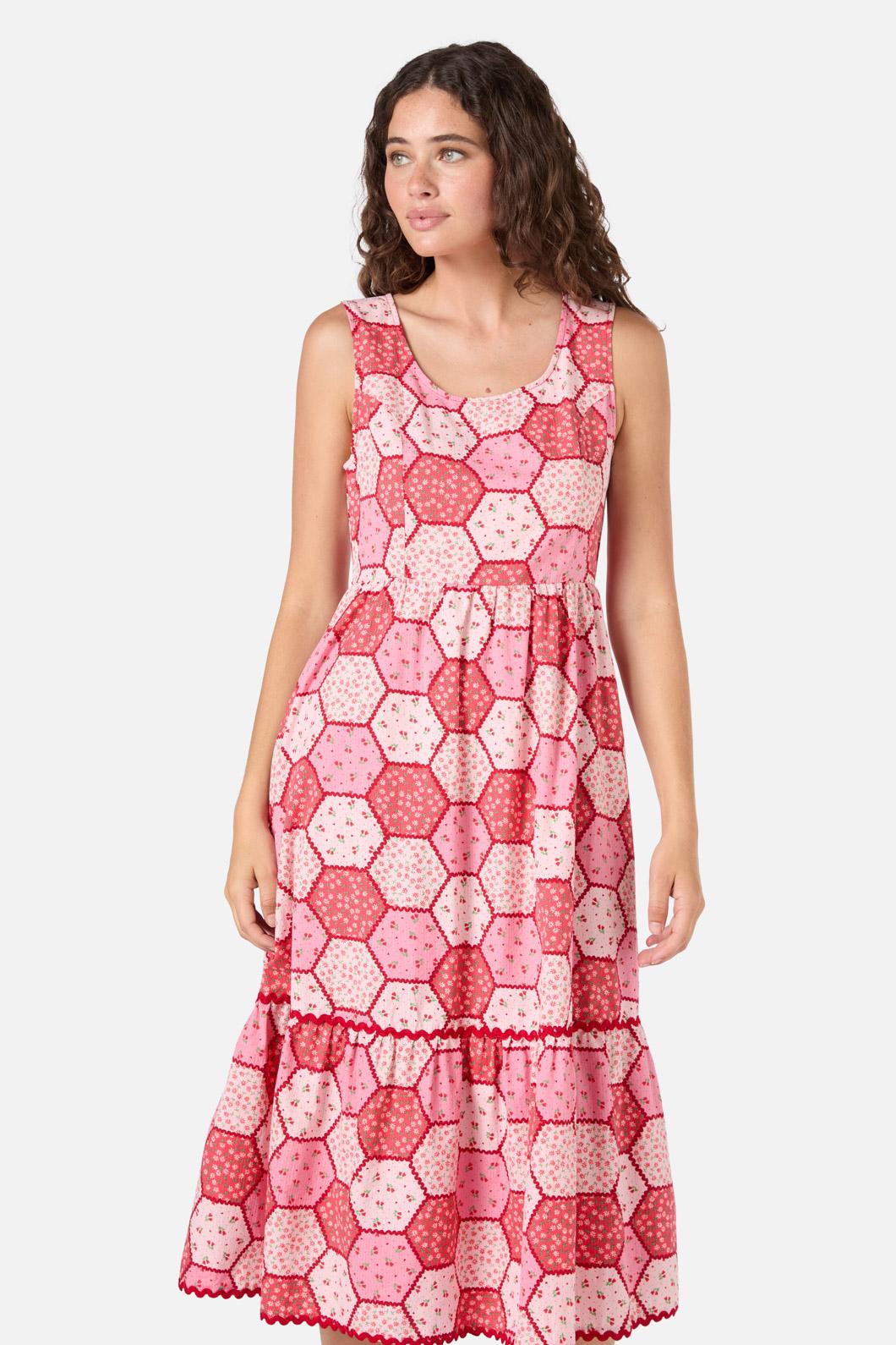  Patchwork Tiered Midi Dress