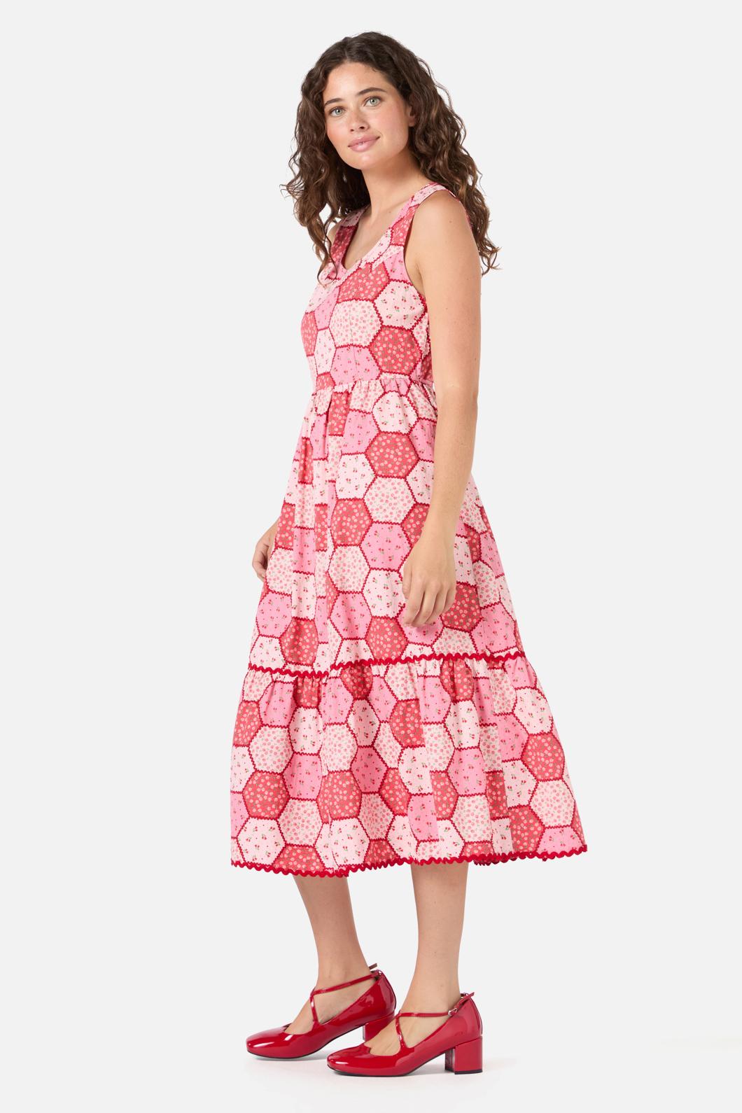  Patchwork Tiered Midi Dress