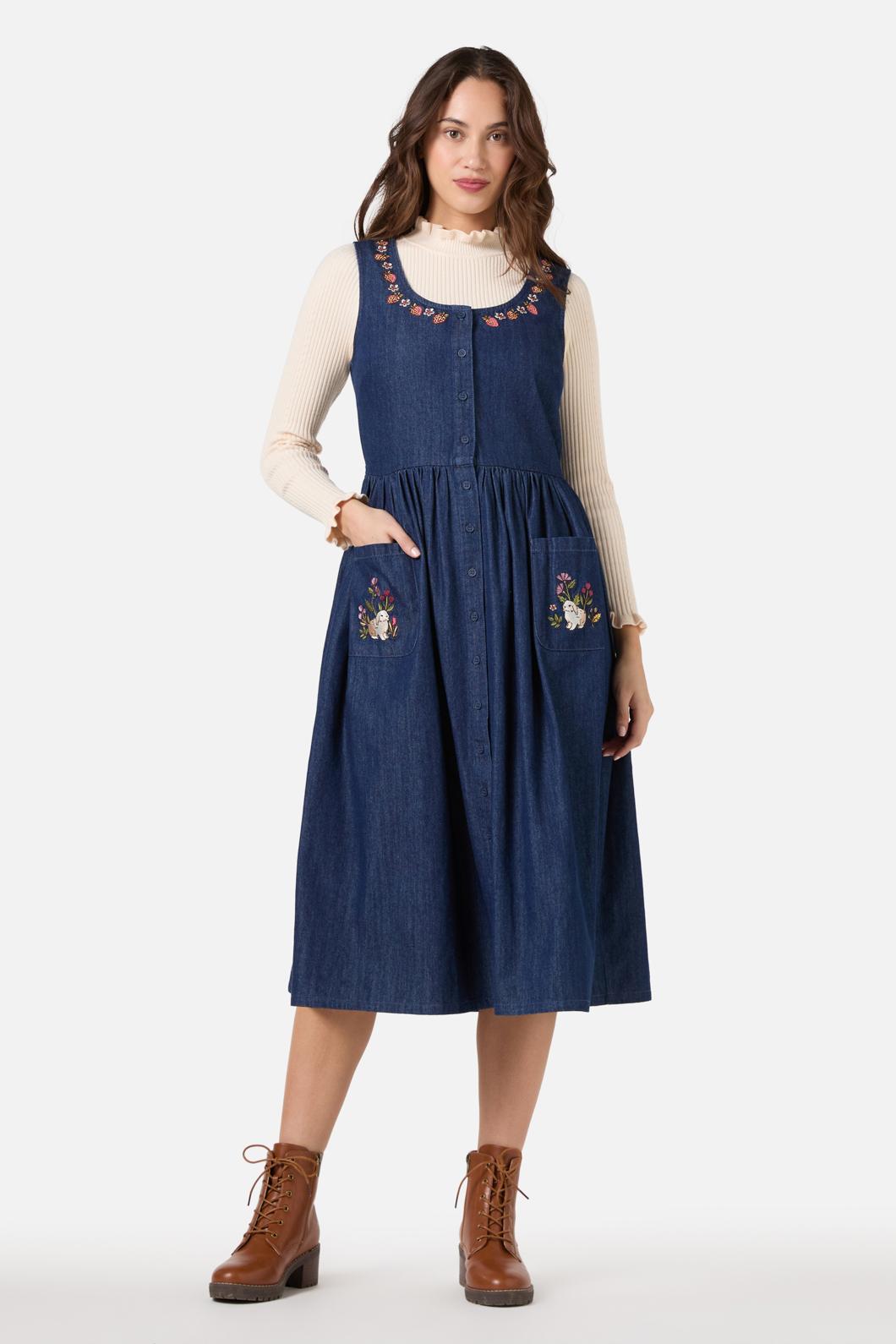  Rabbit Embroidered Denim Dress