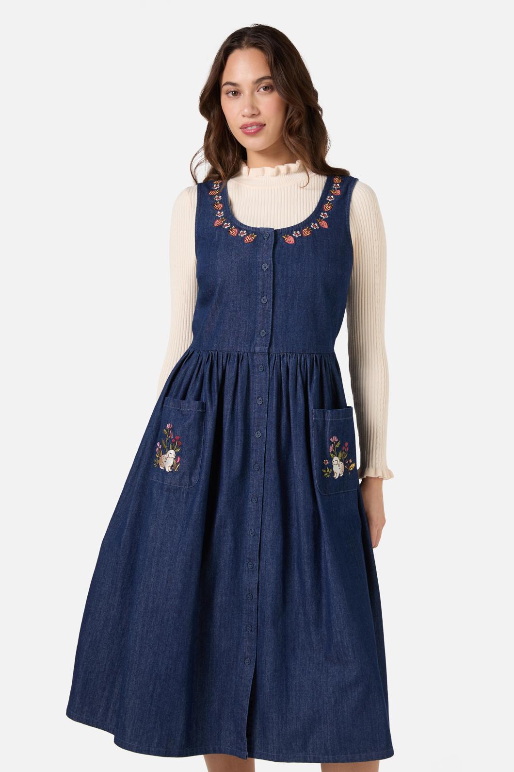  Rabbit Embroidered Denim Dress