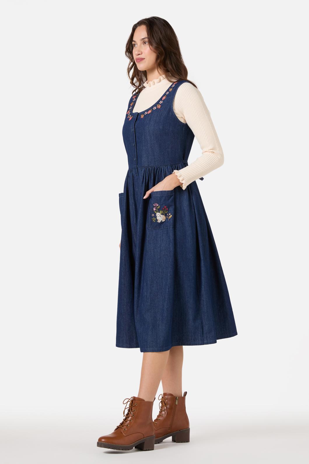  Rabbit Embroidered Denim Dress