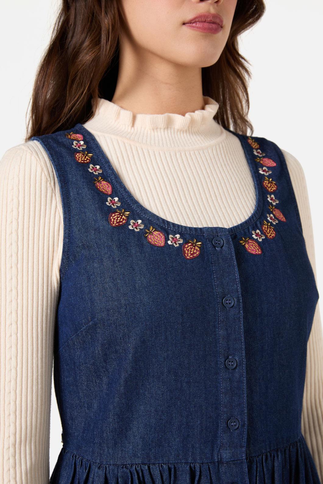  Rabbit Embroidered Denim Dress