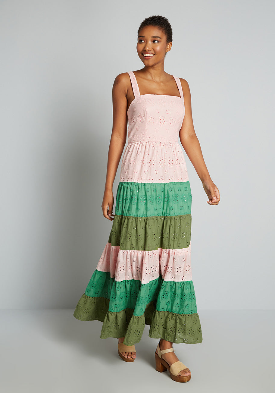  Blocked In Eyelet Tiered Maxi Dress